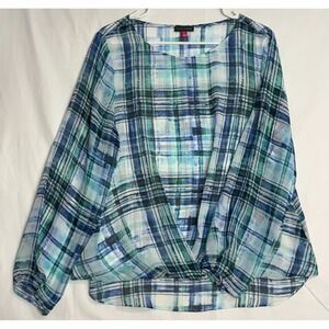 Vince Camuto Womens‎ Blue Green Plaid Long Sleeve Sheer Twist Front Blouse Top L